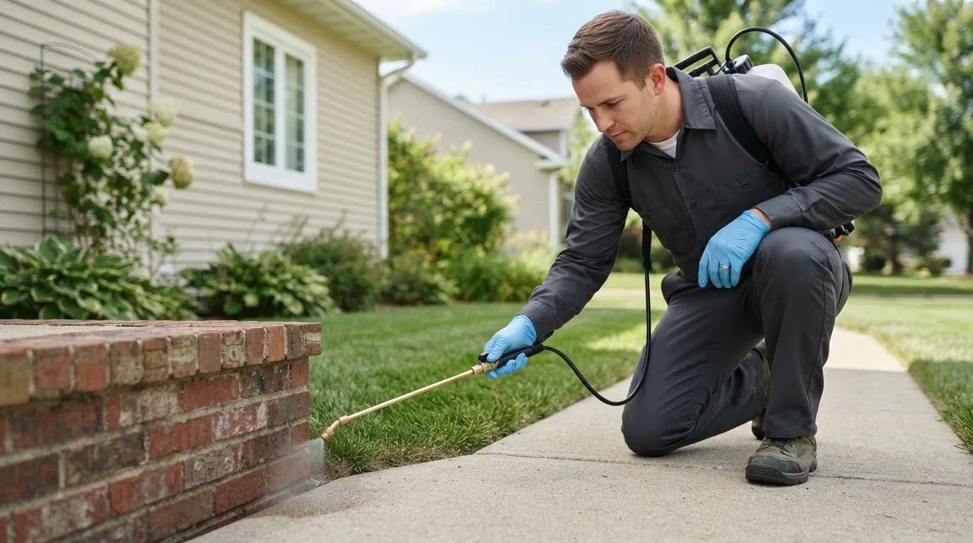 Pest control technician treating a home near Coon Rapids, MN
